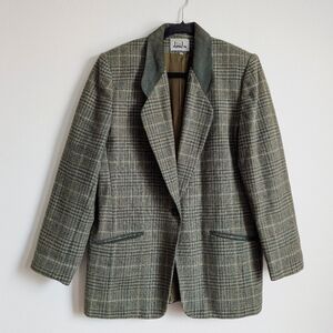 Vintage Suede Collar Wool Olive Green Plaid Academia Blazer Size 8